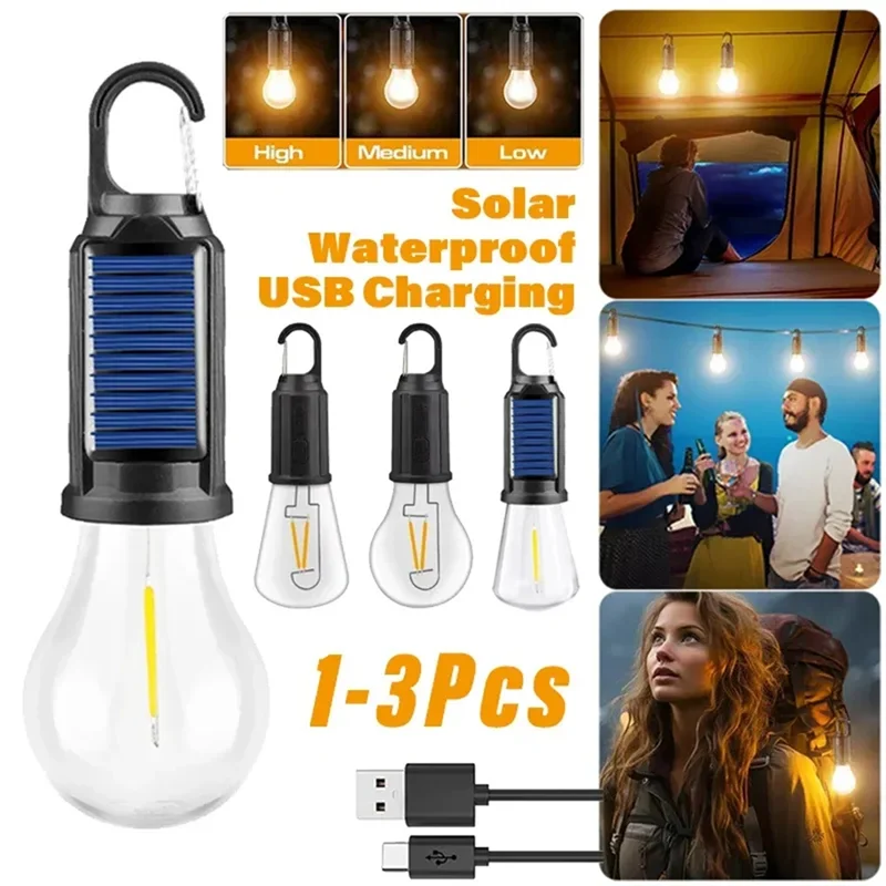 M11K-LED Camping Lamp Solar Powered USB Rechargeable Outdoor Tent Lights Hanging Light Bulbs Camping Flashlight Essentials