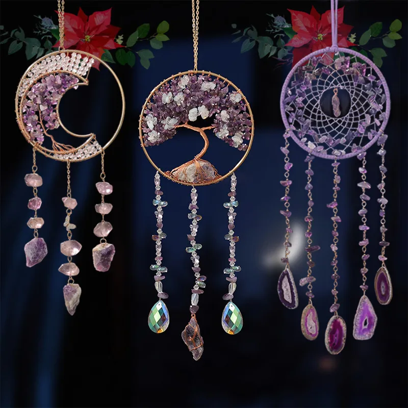 

Crystal Amethyst Tree Gift for Room Healing Gem Stone Agate Suncatcher Hanging Ornament Dream Catchers Home Decor Reiki Products