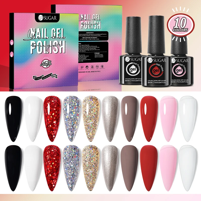 

UR SUGAR 10pcs/kits Gel Nail Polish Set Spring Summer Glitter Pink Red Color Series Soak Off UV LED Nail Art Varnish Manicure