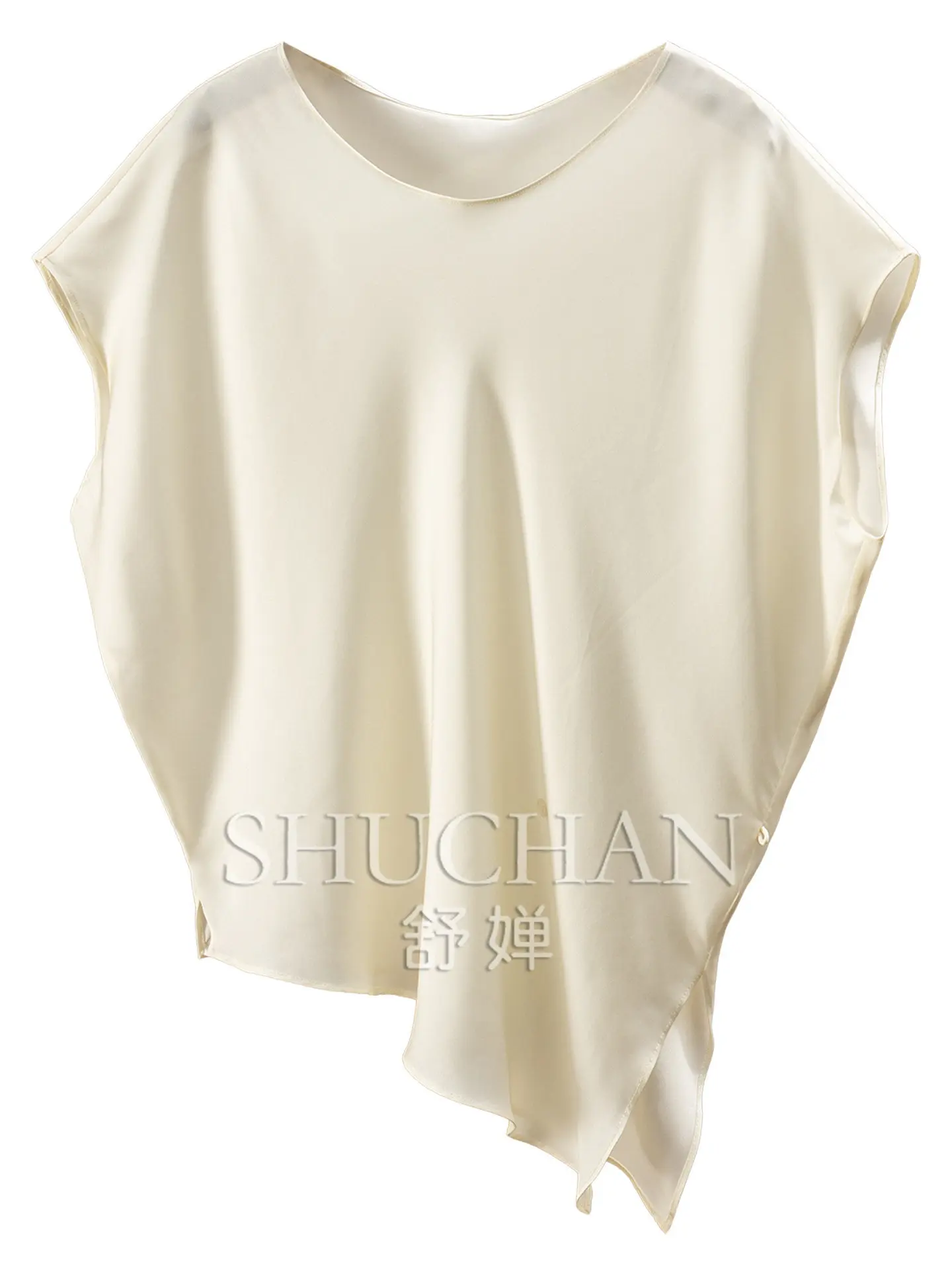 Satin Blouse 92% Natural Silk Double Joe Irregular Hem Bat Sleeve Shirt Women's 87L4  Blusas Mujer De Moda Verano