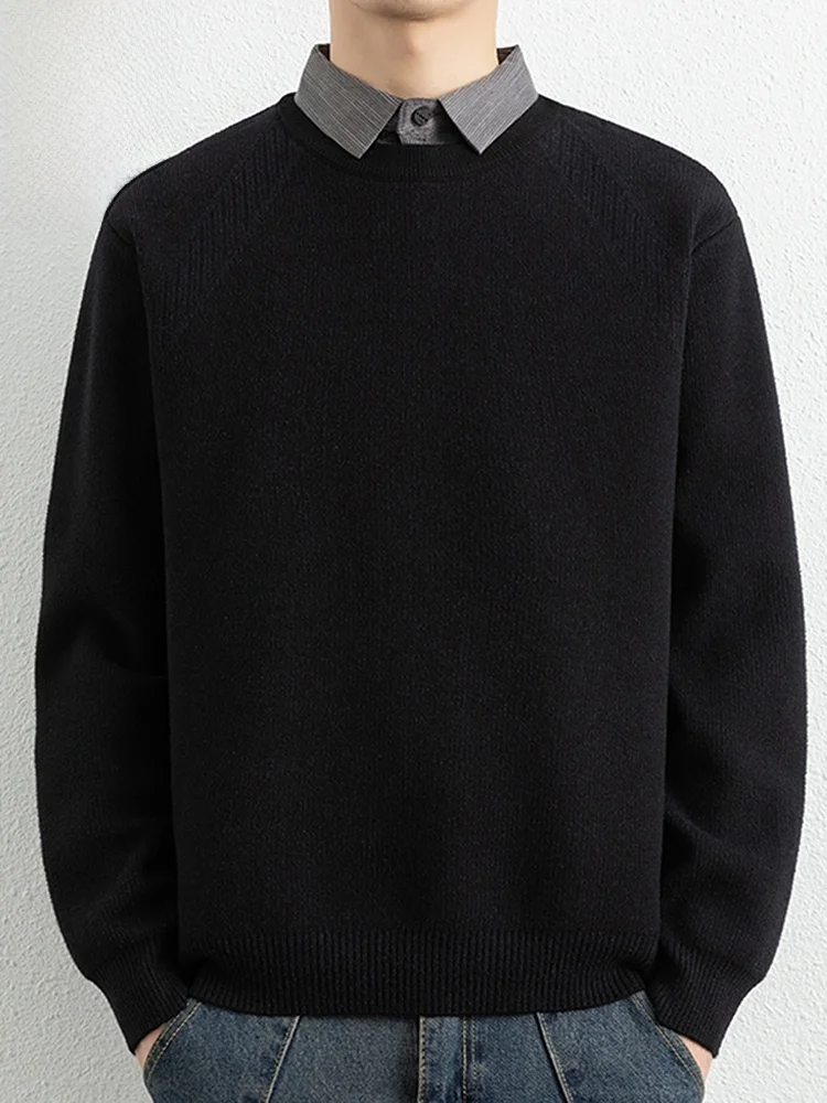 

Мужской осенне-зимний новый свитер с имитацией двухслойности, вязаный, с воротником-стойкой, повседневный, свободного кроя, длинный рукав