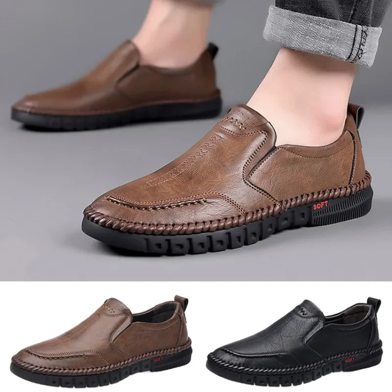 Men\'s Hand Stitched Genuine Leather Slip On Shoes Business Formal Occasion Wedding Party Footwear Leisure Official Board-Shoes