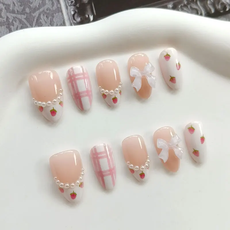 10Pcs Women French Style 3D Strawberry Gold Red and Plaid Bowknot Press on Nails Short Almond Fresh Nails Patch False Nails Art view 5