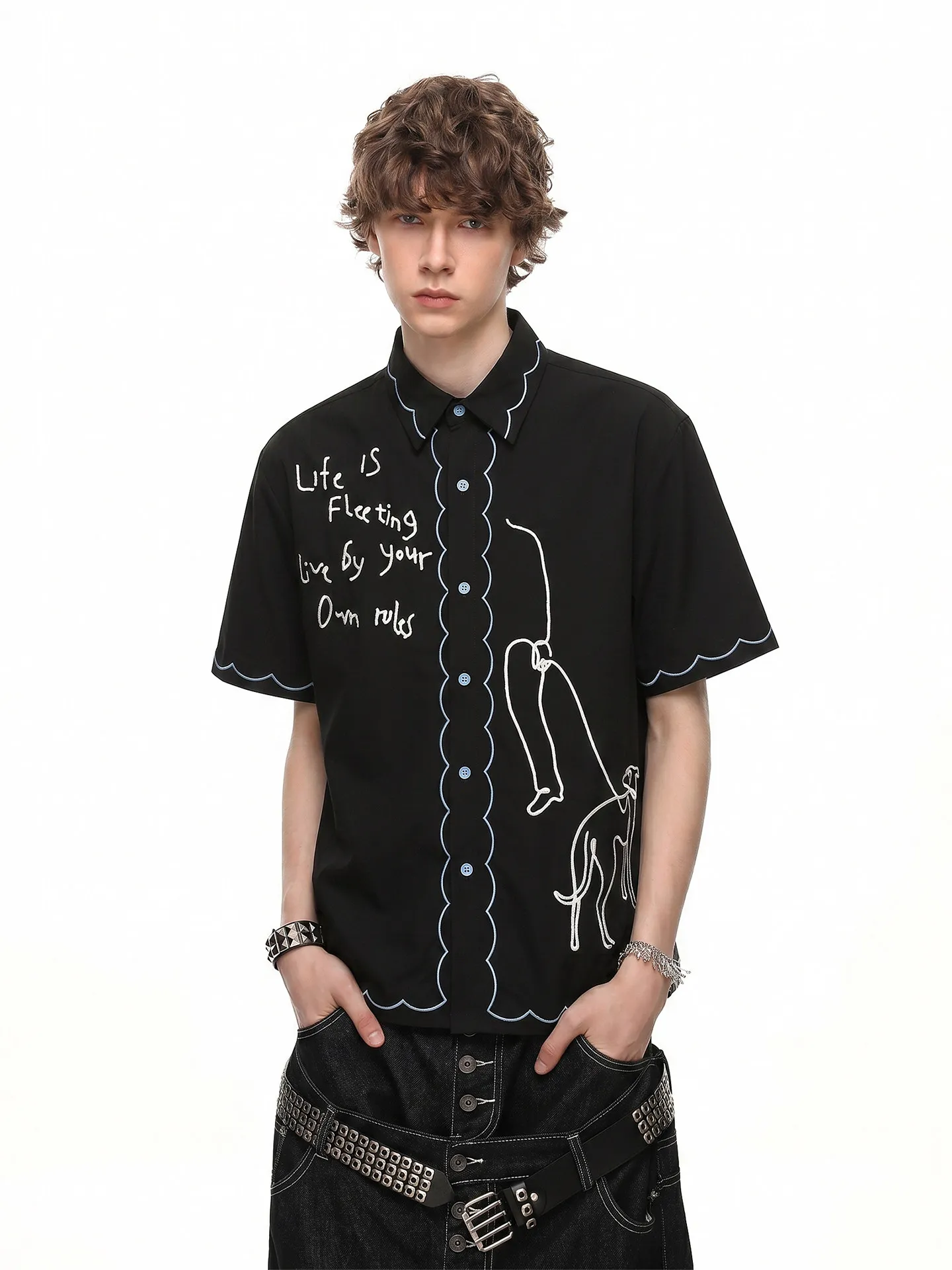 Summer Wavy Edge Embroidered Greyhound Letter Print Short Sleeve Shirt Men Beige Loose Casual Daily Button Up Blouse