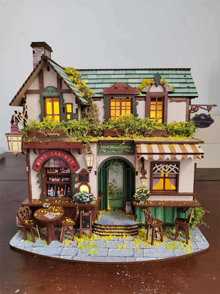 DIY houten miniatuurmodelbouwpakketten Forest Cottage Casa 3D puzzel poppenhuis met meubilair en verlichting voor vrienden verjaardagscadeaus - afbeelding 2