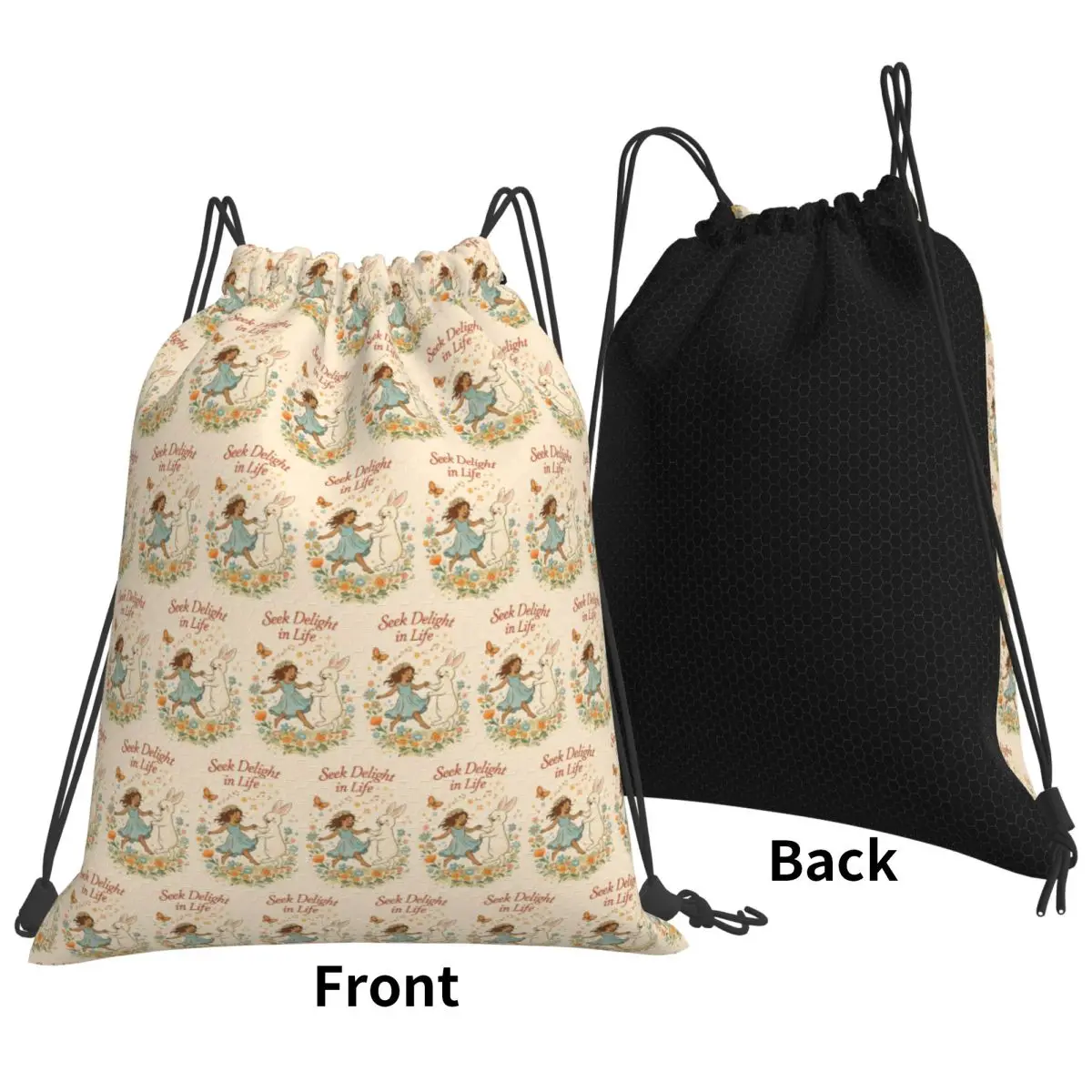 Seek Delight In Life Whimsical Floral Art Backpacks Portable Drawstring Bundle Pocket Storage Bag Book Bags for Travel School