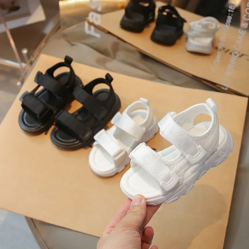 Boys Sandals Open Toes Soft Sole 2025 Summer New Kids Beach Shoes Soild Color Trendy Children Sports Sandals Hook&loop Non-slip