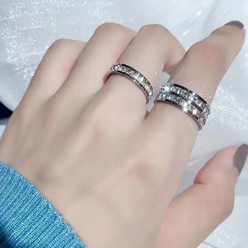 خاتم من الفولاذ المقاوم للصدأ للرجال والنساء، خواتم زفاف ذهبية وردية فضية، خاتم وعد مرصع مربع صغير