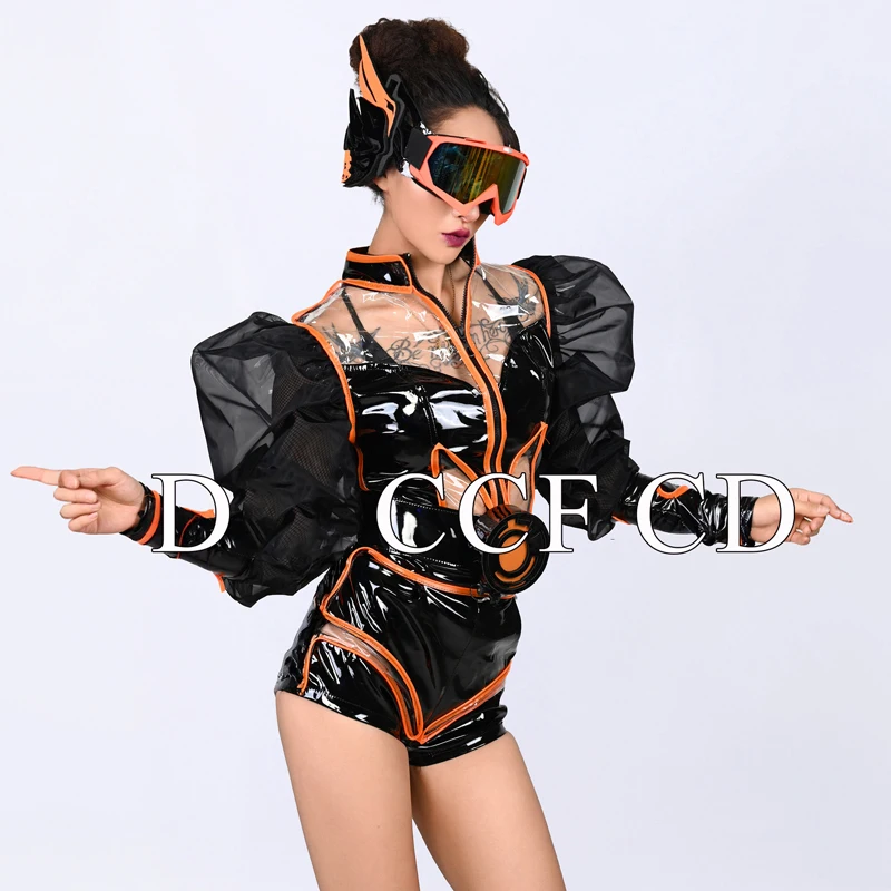 テックスタイル黒革ポールダンス衣装女性ゴーゴーダンサー衣装バーナイトクラブ DJ DS レイブ服ステージ服 XS10091