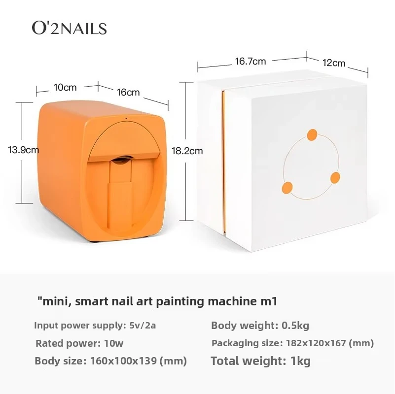 O2Nails M1 آلة طلاء الأظافر الاحترافية الصغيرة المحمولة التلقائية ثلاثية الأبعاد التكنولوجيا الطاقة الكهربائية الخدمة الذاتية مسمار واي فاي