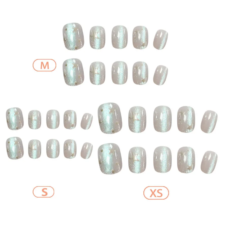 24pcs/set Short fake nails for women gilrs glossy cat eyes light blue pink full cover square nail tips press on acrylic nail art