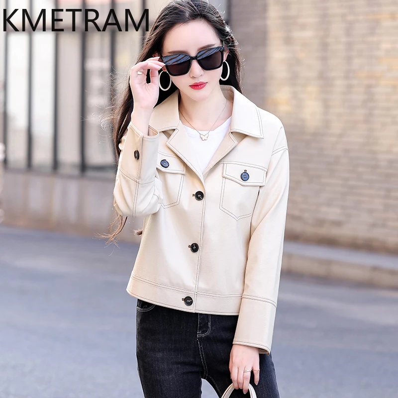 Kmetram echte Schaffell Lederjacke Frauen Frühling Herbst kurze Damen bekleidung dünne Motorrad Damen mantel 2024 Slim Fit