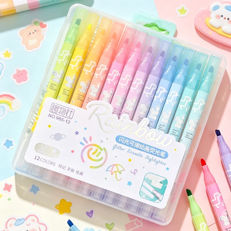 12/6 Colors Kawaii Cute Erasable Glitter Highlighter Pen,Chisel Tip, Highlighter Marker Scrapbook Painted Stationery Supplies