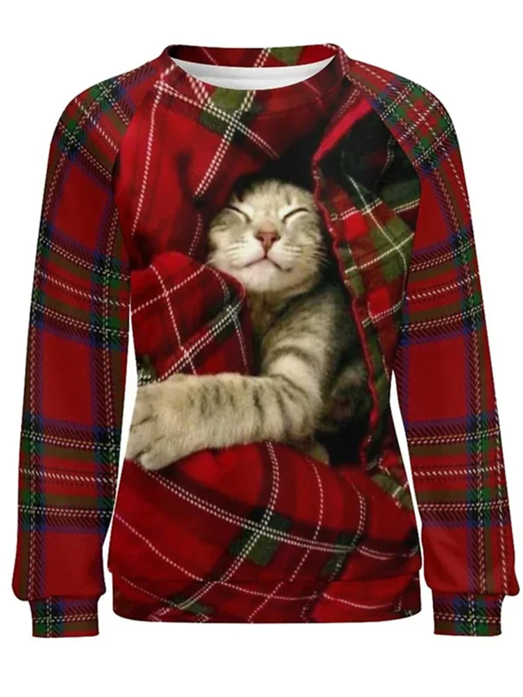 Women\'s Pullover Christmas Sweatshirt Plaid Cat Casual Sportswear Festival Round Neck Long Sleeve Top Micro-elastic Fall & Winte