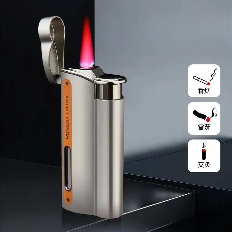 Briquet gonflable en métal pour hommes, chambre à gaz Visible, flamme rouge, haut de gamme, léger, cadeau de luxe, accessoires pour cigarettes