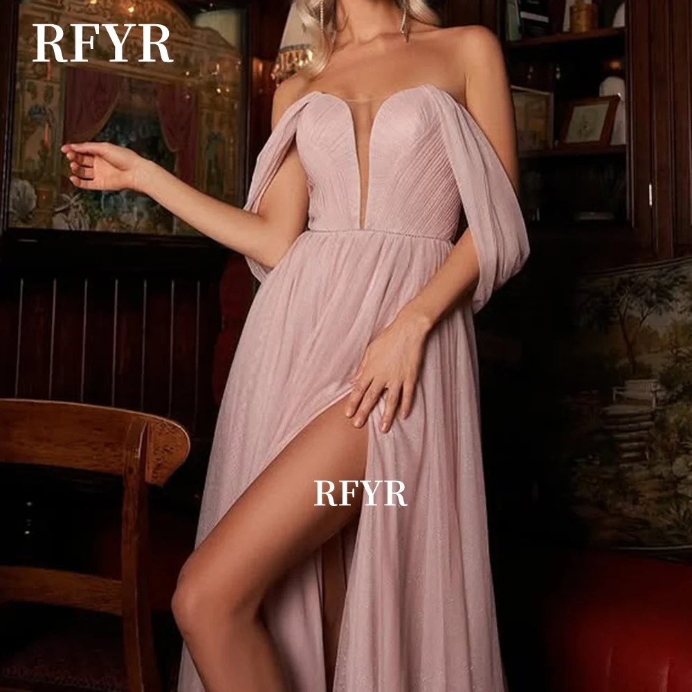 Rfyr vestido de baile com ombro de fora, linha, chiffon, pregas, princesa, fenda alta, vestido de festa formal para mulheres árabes, personalizado