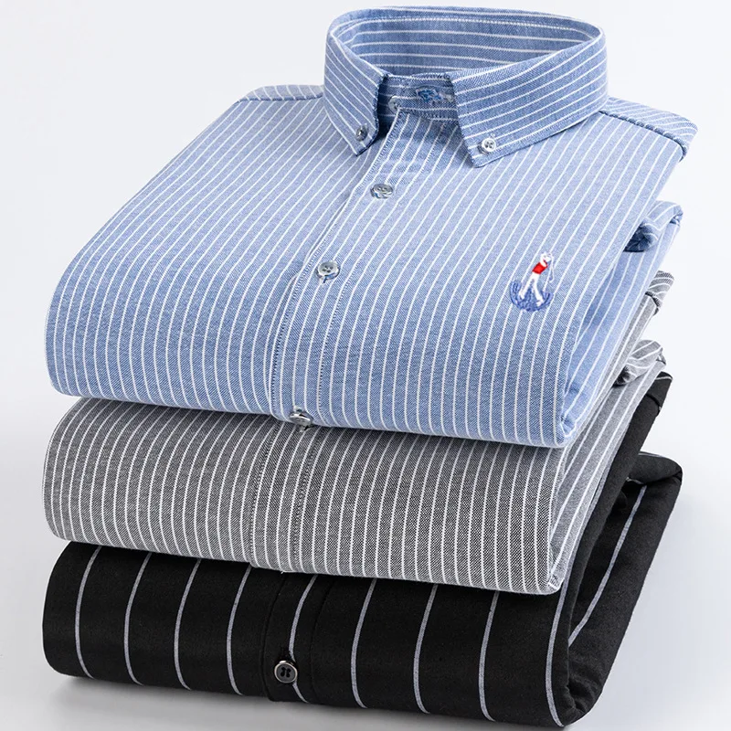 Men's Oxford Cloth Long Sleeve Fleece Lined Shirt Warm Striped Thick Casual Trendy Workwear Autumn Winter Fashion Outerwear