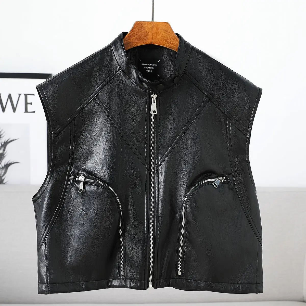 Colete de Couro PU com Gola Alta para o Outono, Novo Estilo, Jaqueta Sem Mangas Feminina