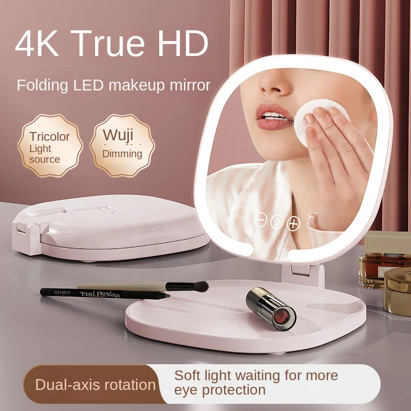 Faltbarer LED-Schminkspiegel mit Lichtern, 3-farbig verstellbare Helligkeit, Desktop-Kosmetikspiegel für Reisen, Zuhause, Badezimmer, Essentials
