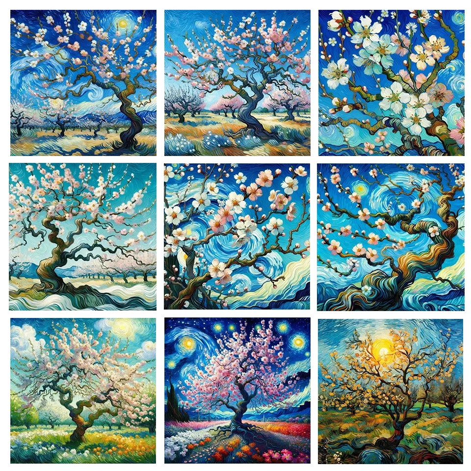 

5DDIY Diamond Painting Abstract Starry Night Art Famous Van Gogh Almond Flower Painting Living Room Home Decoration Gift