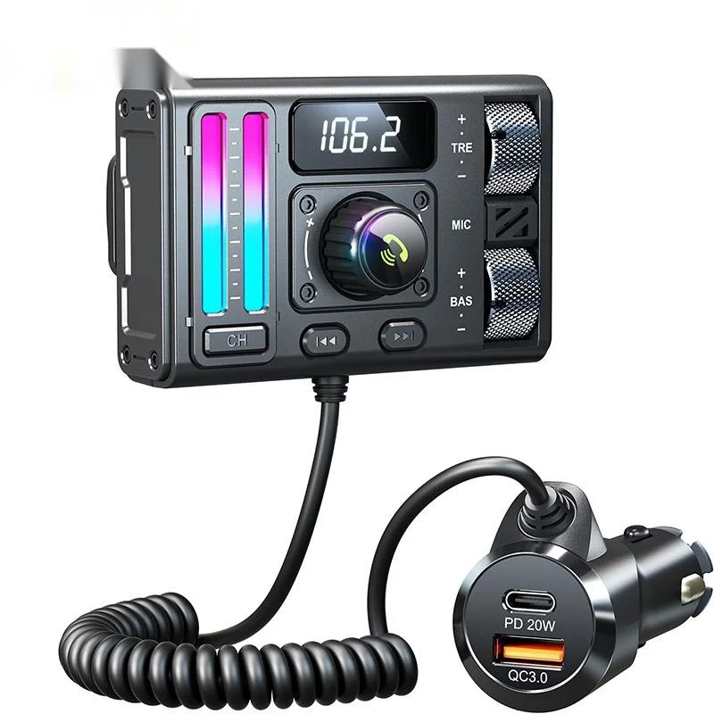 MT02 Wireless Bluetooth 5.3 FM Transmitter Treble Bass Sound Effects QC3.0+PD 20w Fast Charge DSP Noise Reduction Car MP3 Player