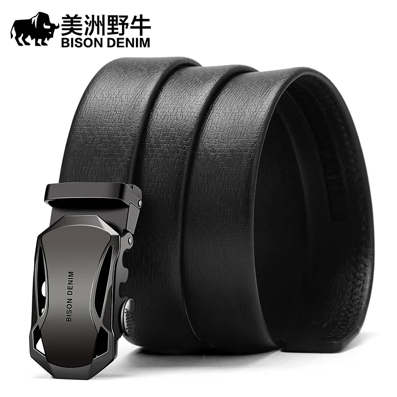 BISON DENIM Men\'s Belt Cow Leather Belts Brand Fashion Automatic Buckle Black Genuine Leather Belts for Men 3.4cm Width N71314