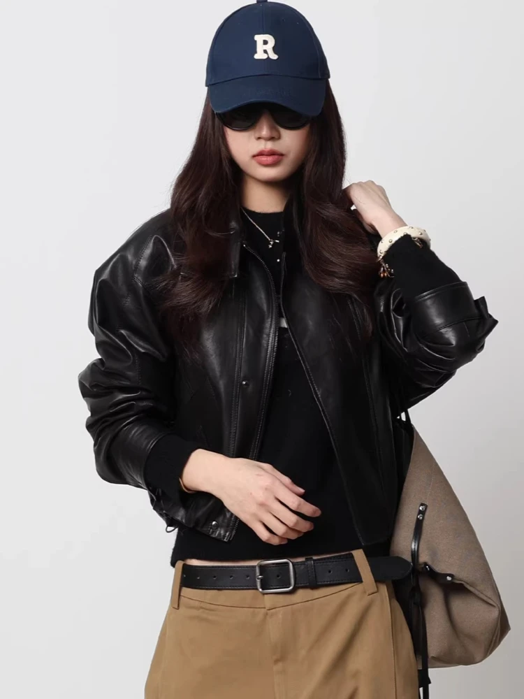

Casual Short Genuine Leather Jackets for Women Spring Autumn High-end Simple Stand Collar Soft Oil Wax Black Real Sheepskin Coat
