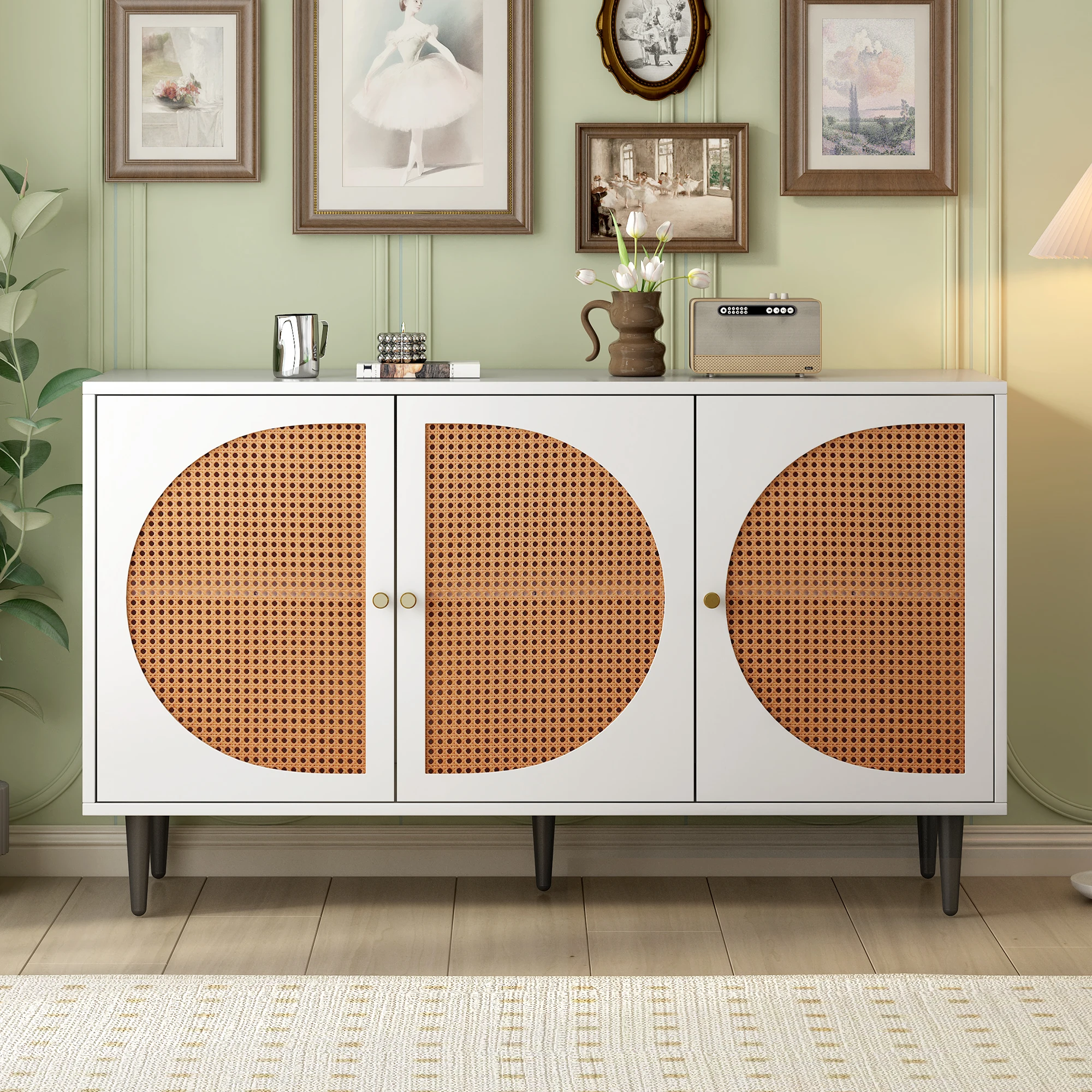 VSOGA Sideboard with 3 Rattan Doors, Dresser High Board with Metal Handles, White, 129.8x40x76 cm