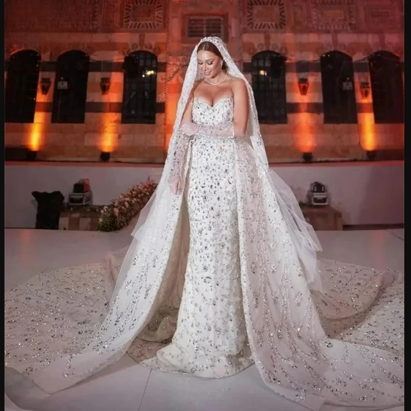 

Свадебное платье с блестящими тяжелыми кристаллами и бусинами по индивидуальному заказу Vestidos Noivas, роскошное свадебное платье со съемным шлейфом