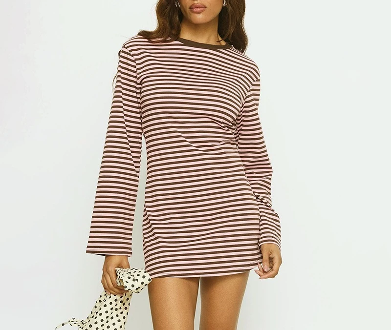 

Women's Clothing Autumn New Round Neck Striped Contrasting Color Long Sleeve Loose Short A-shaped Pendulum Dress