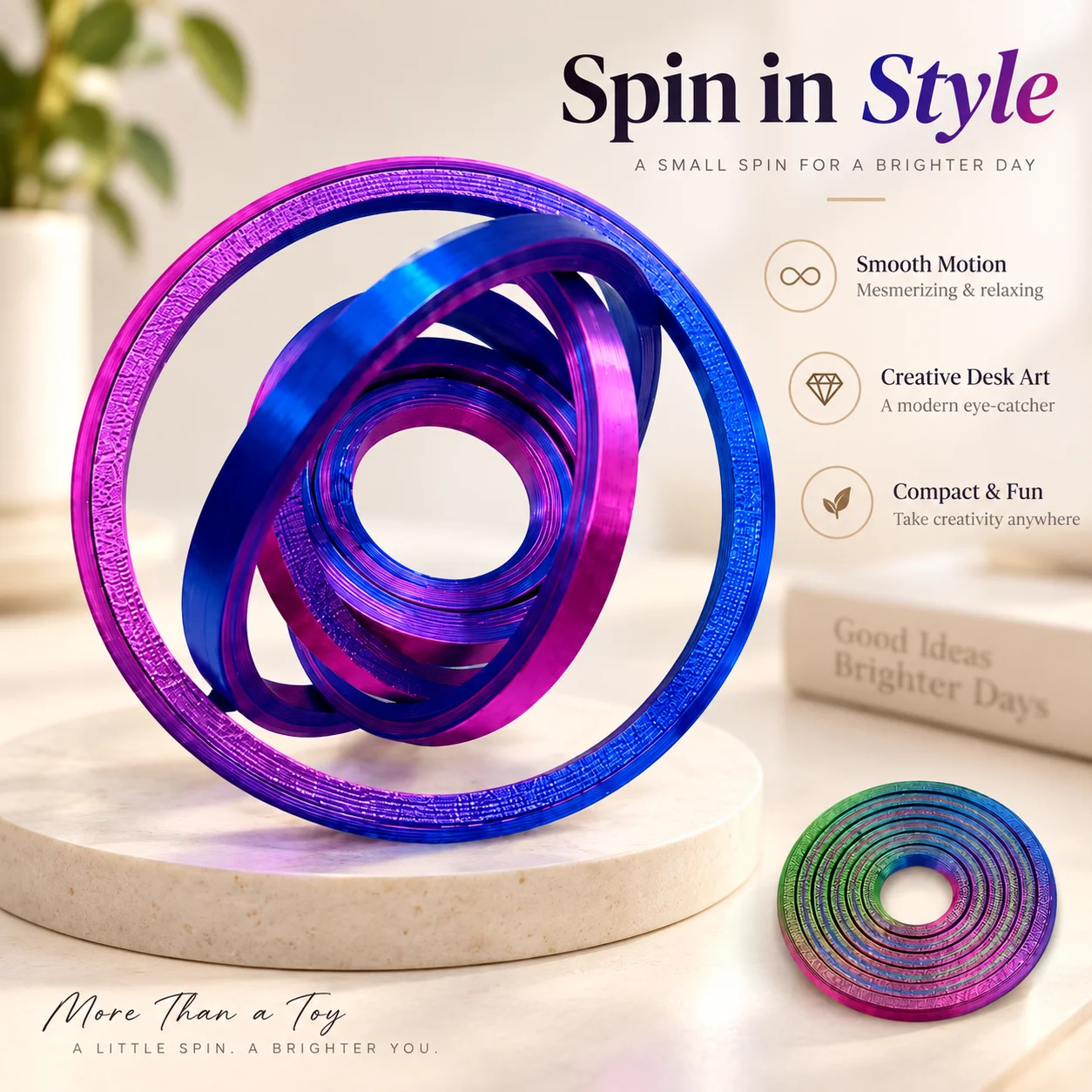 Six-Ring Gyroscope Toy, Smooth Spinning Desk Fidget, 3D Printed Stress Relief Decor, Christmas Gift for Adults