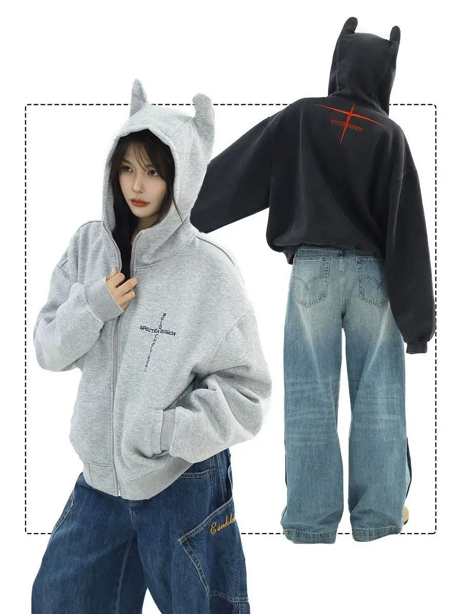 

American Street Spring, Autumn Winter New Cross-Embroidered Hooded Sweatshirt Zipper Jacket Loose Design Emotional Couple Top