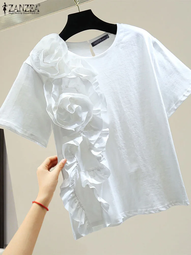 ZANZEA Women Speacial 3D Flowers Blouse 2024 Summer Short Sleeve Blusas Designer Round Neck Shirts Casual Loose Colorblock Tops