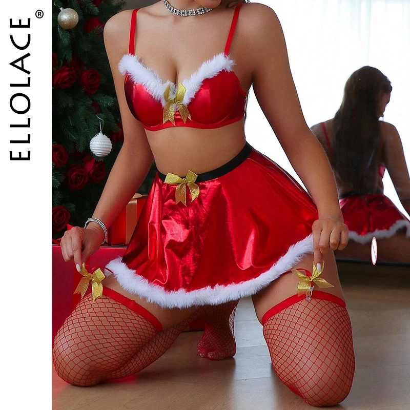 

Ellolace Christmas Sexy Lingerie For Women Cute Plush Bra Thong Skirt 3PC Set Fishnet Stockings Golden Bowknot Cosplay Costume