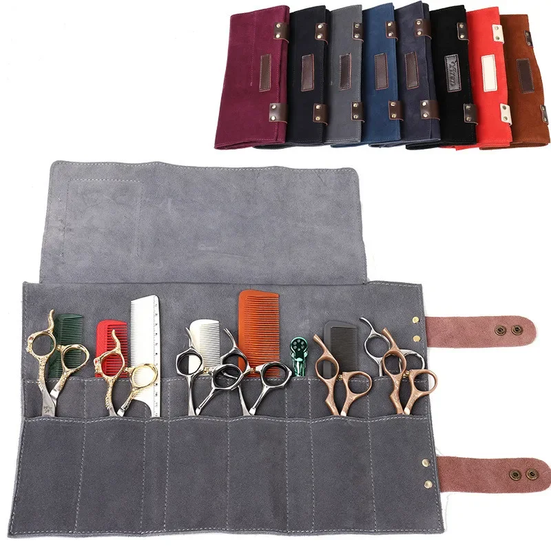 

12 Pockets Real Leather Hair Stylist Professional Barber Scissor Pouch Cases Salon Hairdresser Scissors Tool Holster Folding Bag