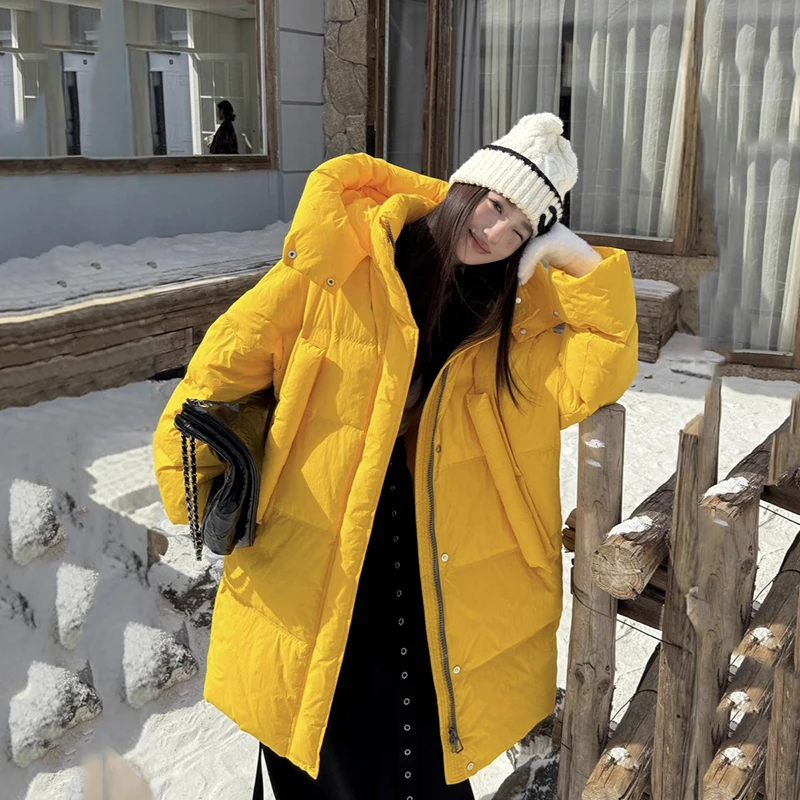 

Winter Long Thickening Hooded Down Jacket Female Quilted Knee Length Parker Outwears Women 90 White Duck Down Solid Overcoat