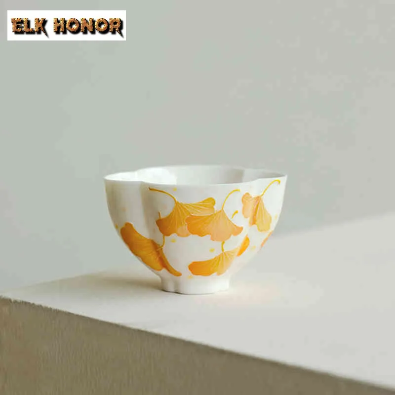 2pc/lot Hand-painted Ginkgo Leaves Teacup Retro Tea Bowl Single Cups Tea-tasting Smelling Cup Jianzhan Master Cups Teaware 40ml