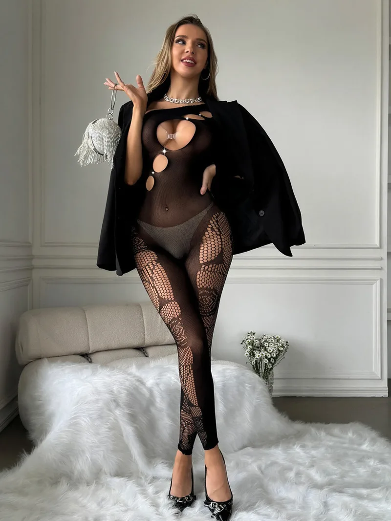 Sexy Black Mesh Bodysuit For Women One Shoulder Cut Out Design Sheer Tight Fitting Elegant Alluring Clubwear Bodystocking UEU2