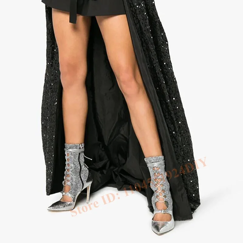 Botas tipo calcetín de cuero plateado estilo Punk para mujer, tacón alto, puntiagudos, con cordones, correas con hebilla, envoltura en el tobillo, tacones finos, zapatos de verano para mujer