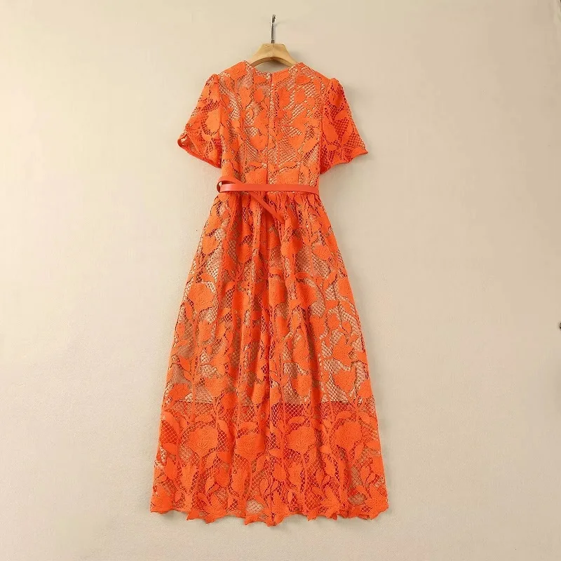 Top Quality New Lace Dress 2024 Spring Summer Luxurious Women O-Neck Allover Crochet Lace Embroidery Mid-Calf Blue Orange Dress