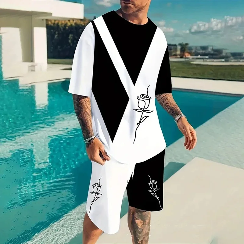 2026 جديد الصيف ملابس رياضية رجالية النمر مطبوعة عادية الشارع دعوى ثلاثية الأبعاد ستيريو مطبوعة بحر تي شيرت رجالي السراويل قطعتين مجموعة #3