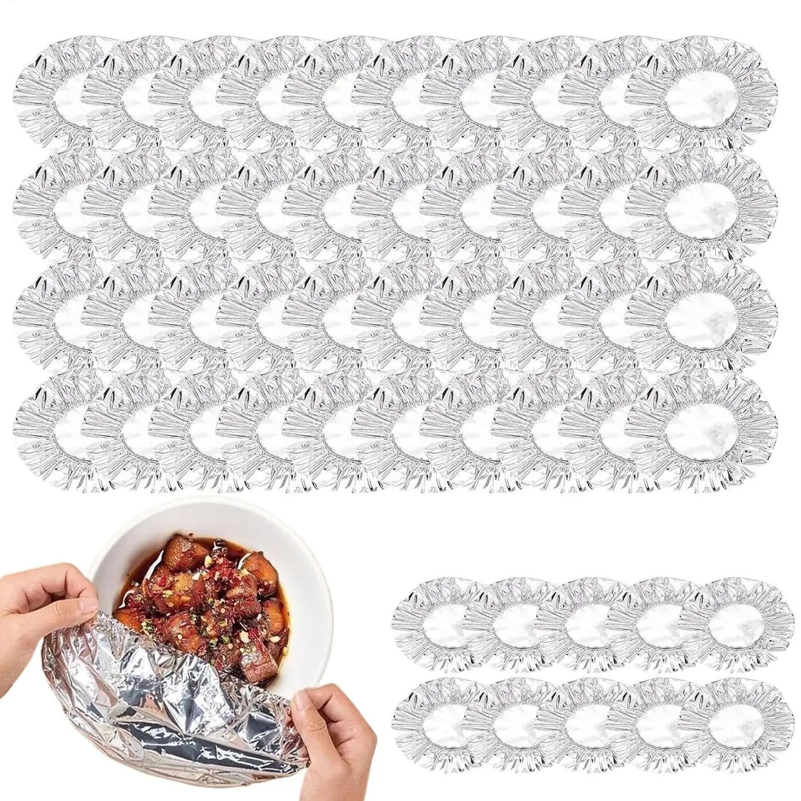 50Pcs Reusable Aluminum Foil Elastic Covers Heat Retaining Lid for Food Fresh Keeping Bowls Pots Containers Kitchen BBQ Picnic