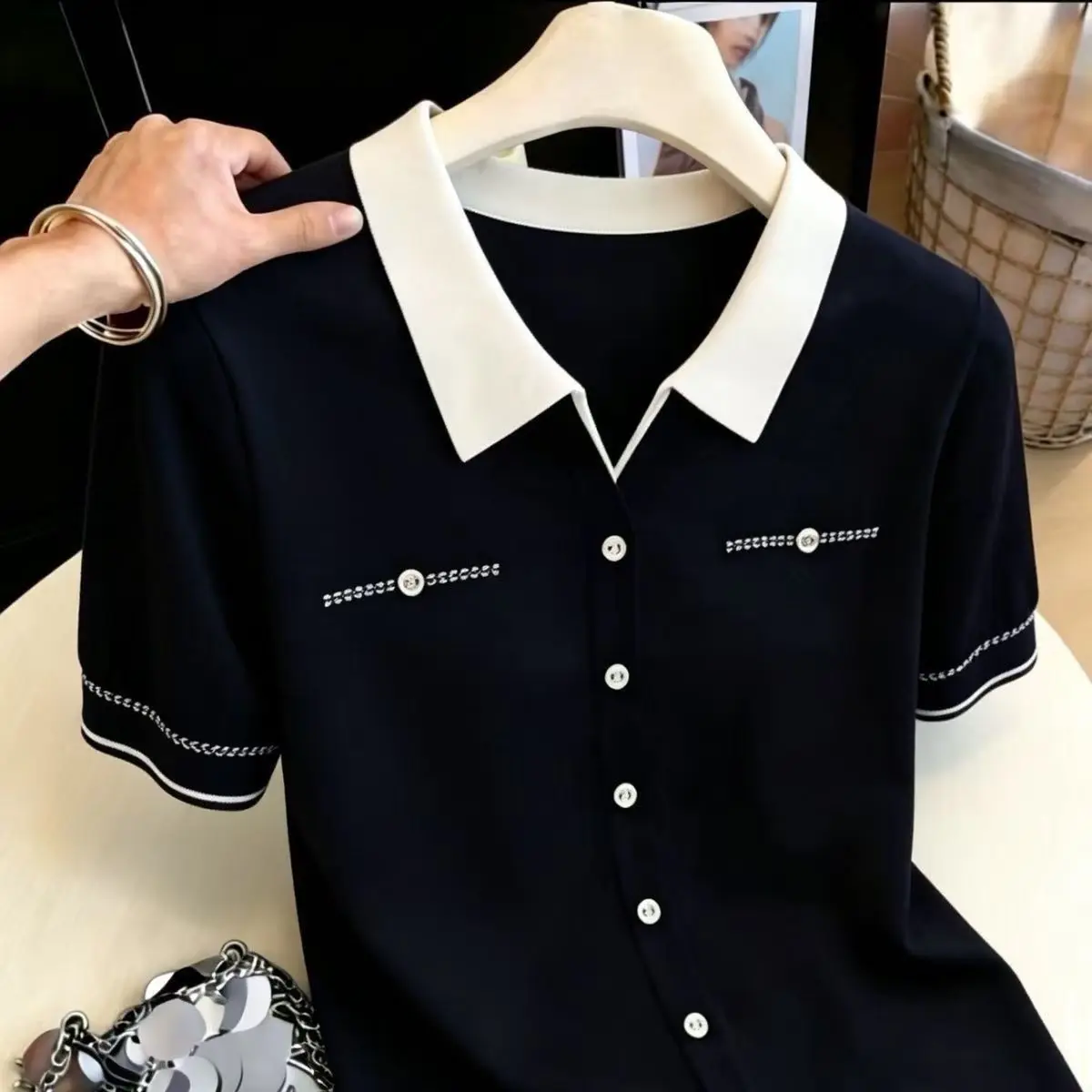 Women Short Sleeve Knit Blouse Black Contrast White Collar Button Front Stitch Detail Slim Fit Casual Office Work Summer Top