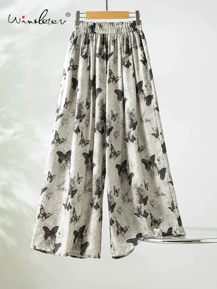 Winsleter-100%Real Silk Elegant Trousers, Elastic Waist Butterfly, Women Fashion Casual Wide-leg Pants, 2026 Summer New B65644CC