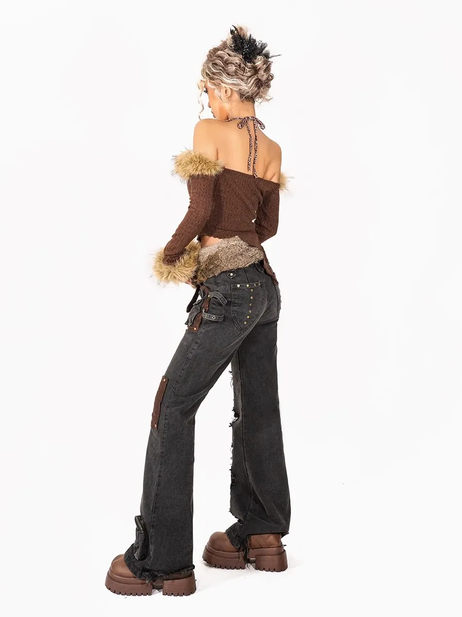 REDDACHiC Grunge Studded Pockets Cargo Jeans Women Destroyed Tassels Stitch Corduroy Low Waist Flare Pants Cowgirl Retro Clothes