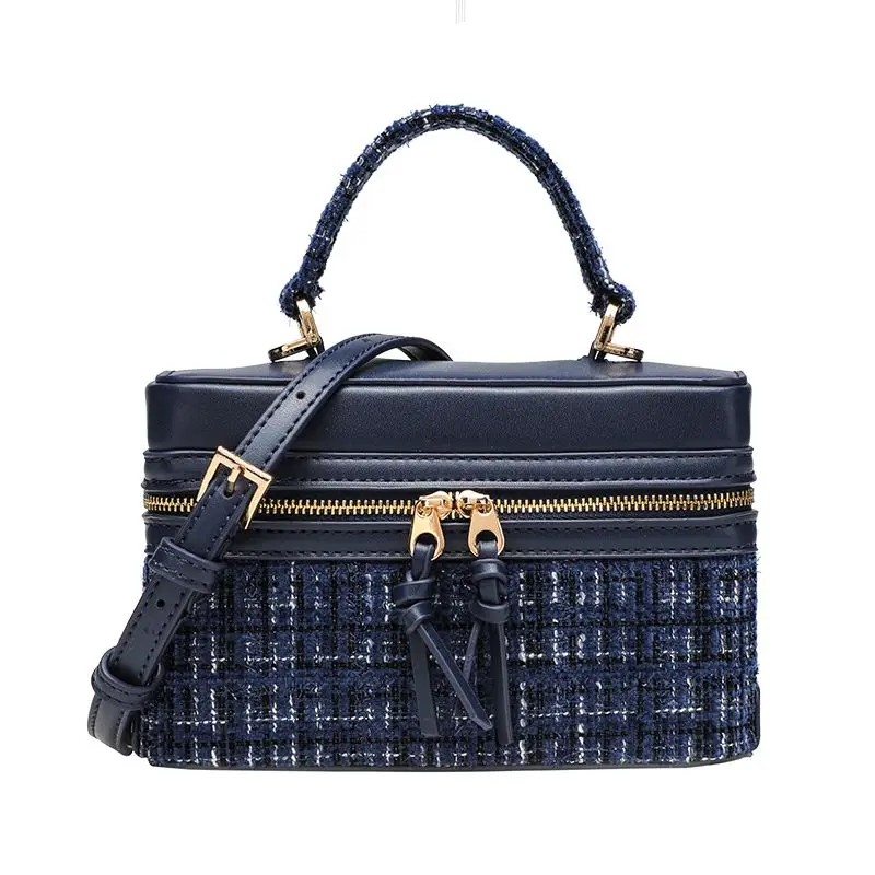 Black Blue Red White Brown Vintage Navy Plaid Tweed Box Women Top Handle Crossbody Shoulder Bag Wool Blend Leather Trim Handbag