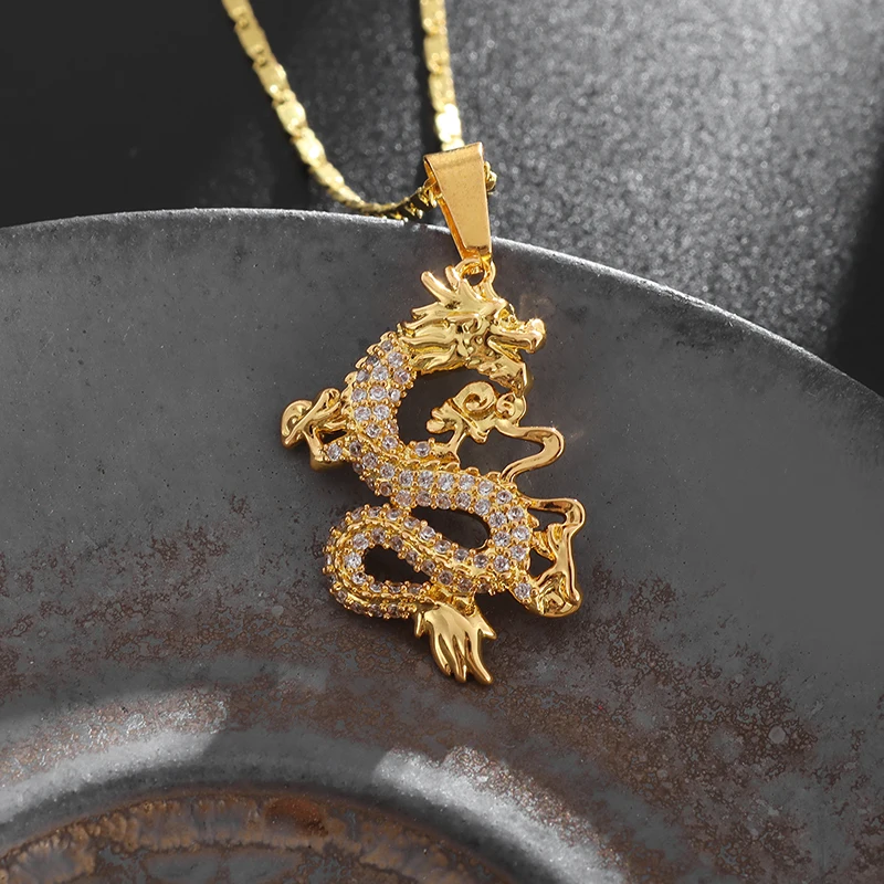 Classic Chinese Style Zircon Golden Dragon Mascot Lucky Pendant Necklace for Men Vintage Copper Necklace Women Amulet Jewelry