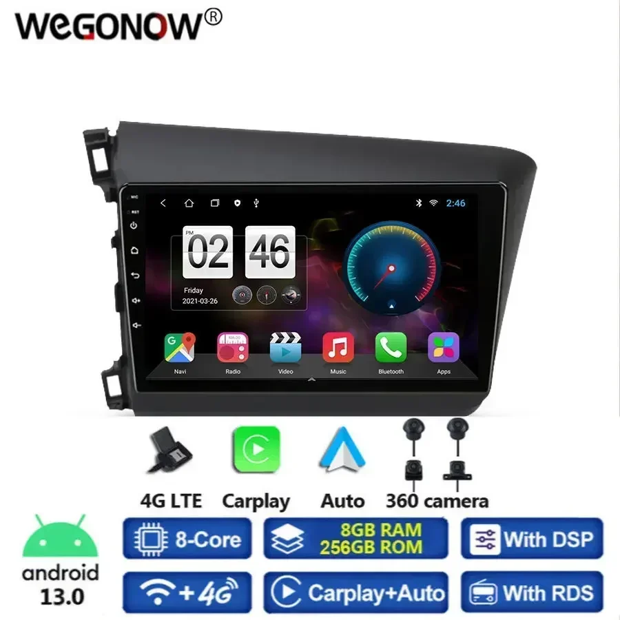 

360 Panoramic Camera CanBus 8G+256G Android 13.0 Car DVD Player GPS Map WIFI Bluetooth Radio For Honda Civic 2012 2013 2014 2015