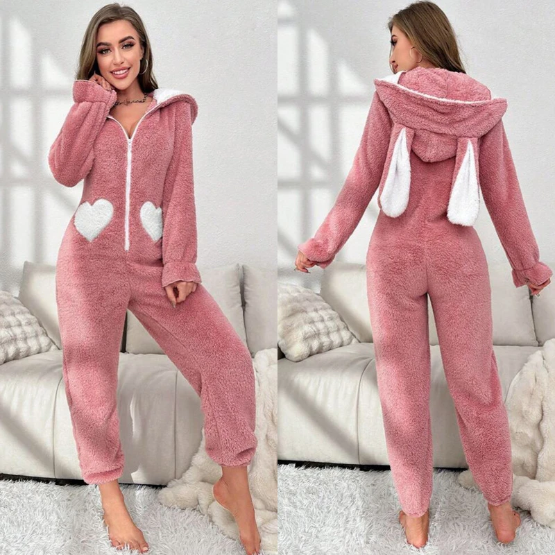 

Women's Hairy Jumpsuits Autumn Winter Keep Warm Coral Fleece Pajamas Zipper Hooded Cute Cartoon Girls Clothes Sleepwear Homewear
