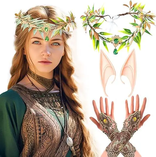 فستان العروس ذو غطاء الرأس الرجعية آذان قزم وحواجب متساقطة برأس أخضر يرتدي حزام شعر من حجر الراين